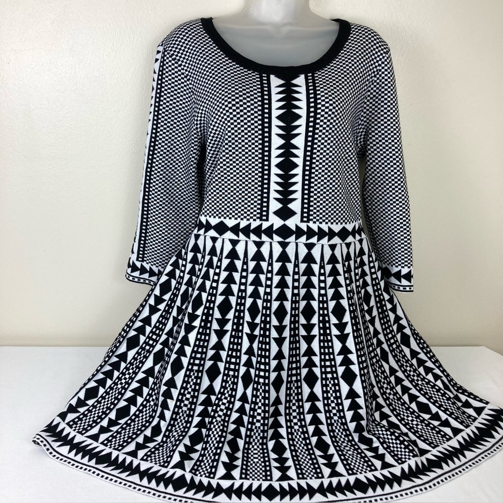 Nina Leonard Fit & Flare Geometric Print Sweater Dress Size: XL